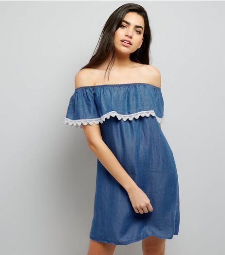 Cameo Rose Blue Crochet Lace Trim Bardot Neck Dress | New Look