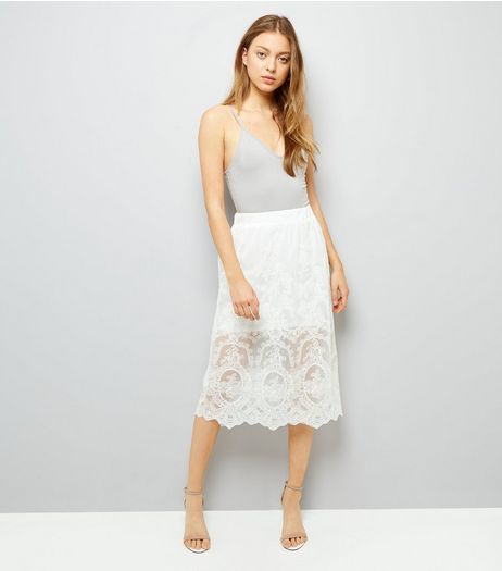 White Lace Overlay Midi Skirt | New Look