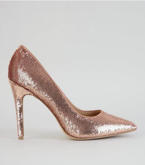 Rose Gold Sequin Pointed Heels | New Look