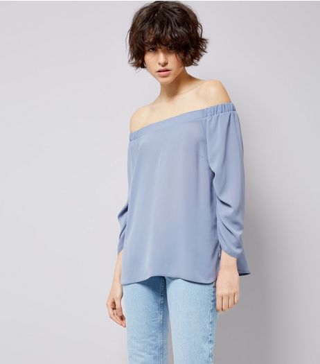 Blue Ruched Sleeve Bardot Neck Top | New Look