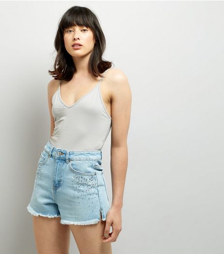 Blue Gem Studded High Waist Denim Shorts | New Look