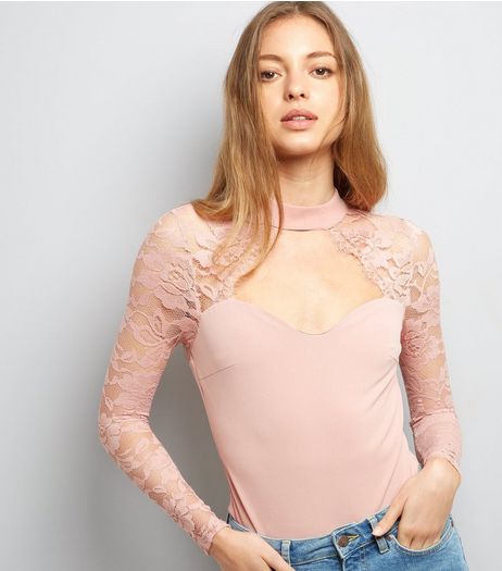 Parisan Shell Pink Lace Panel Bodysuit | New Look