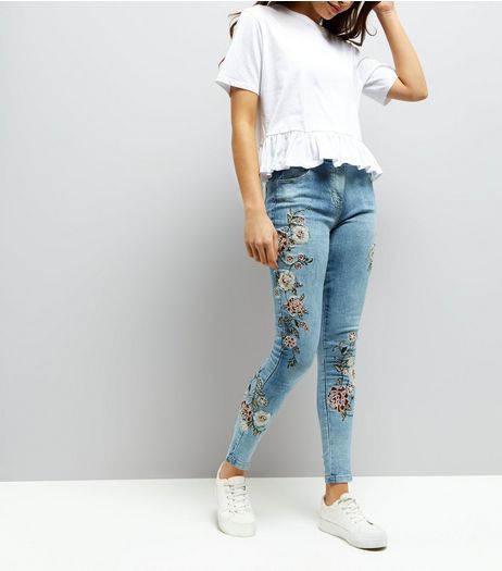 Parisian Blue Floral Embroidered Skinny Jeans | New Look