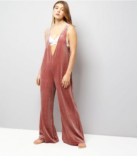 Deep Pink Ribbed Velvet Wide Leg Lounge Jumpsuit | New Look