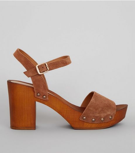 Tan Suede Wooden Platform Block Heeled Clogs | New Look