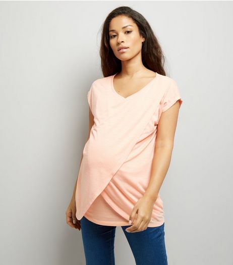Maternity Coral Wrap Front Nursing T-Shirt | New Look