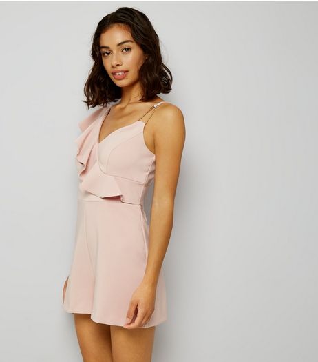 Petite Pink Asymmetric Frill Trim Playsuit | New Look