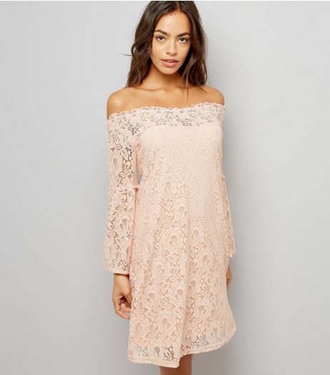 Cameo Rose Shell Pink Lace Bardot Neck Dress | New Look