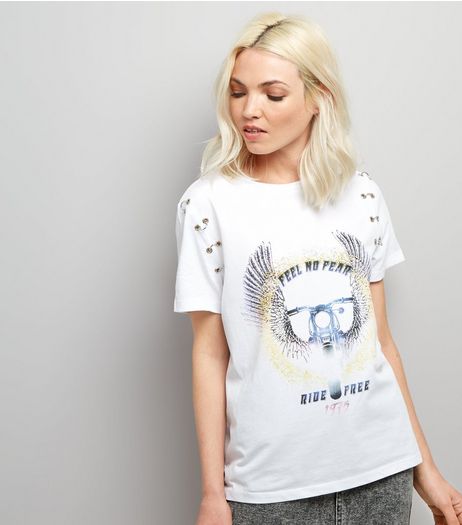 Petite White Biker Print Eyelet Sleeve T-Shirt | New Look
