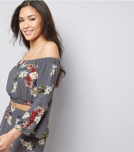 Cameo Rose Grey Floral Print Bardot Neck Crop Top | New Look