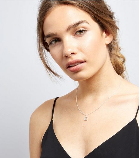Silver Cubic Zirconia 'E' Initial Pendant Necklace | New Look
