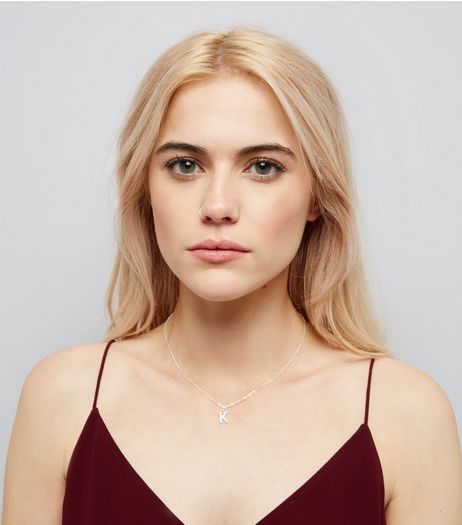 Silver Cubic Zirconia 'K' Initial Pendant Necklace | New Look