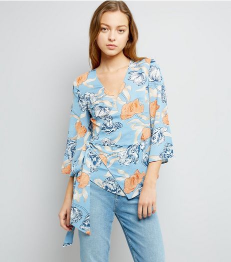 Blue Vanilla Blue Floral Print Wrap Front Top | New Look