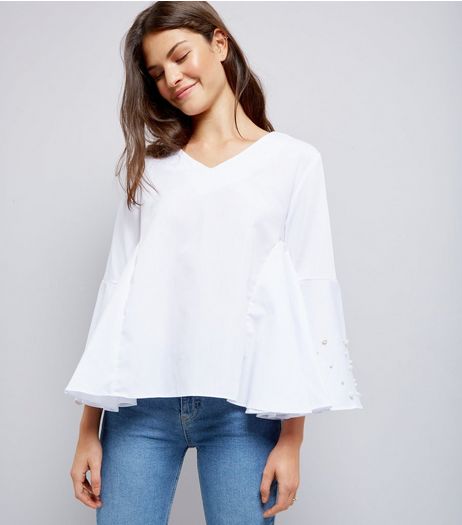 Blue Vanilla White Pearl Trim Flared Sleeve Top | New Look