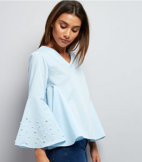 Blue Vanilla Blue Pearl Trim Flared Sleeve Top | New Look