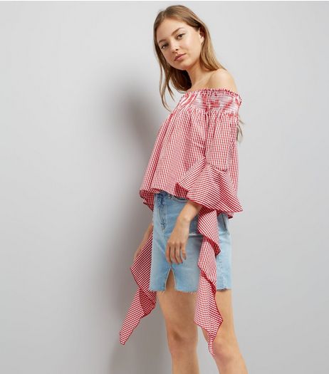 Blue Vanilla Red Gingham Bardot Neck Top | New Look