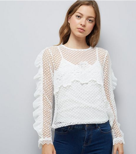 Blue Vanilla White Mesh Cut Out Frill Sleeve Top | New Look