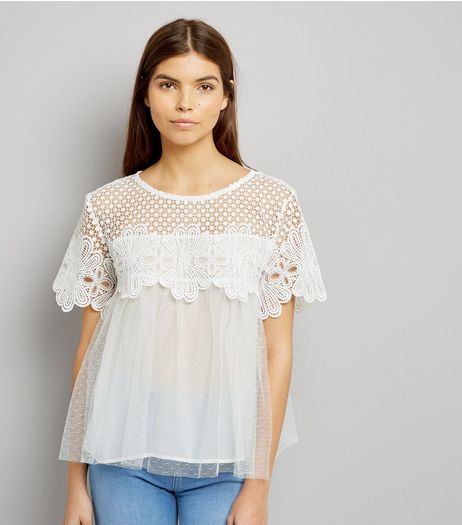 Blue Vanilla White Mesh Cut Out Panel Top | New Look