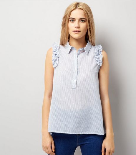 Blue Vanilla Blue Stripe Frill Trim Sleeveless Blouse | New Look