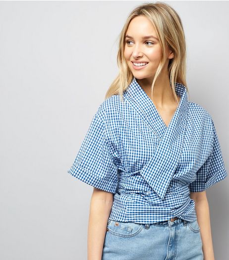 Blue Vanilla Blue Gingham Wrap Tie Front Top | New Look