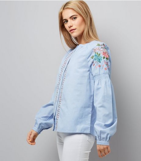 Blue Embroidered Granddad Collar Shirt | New Look