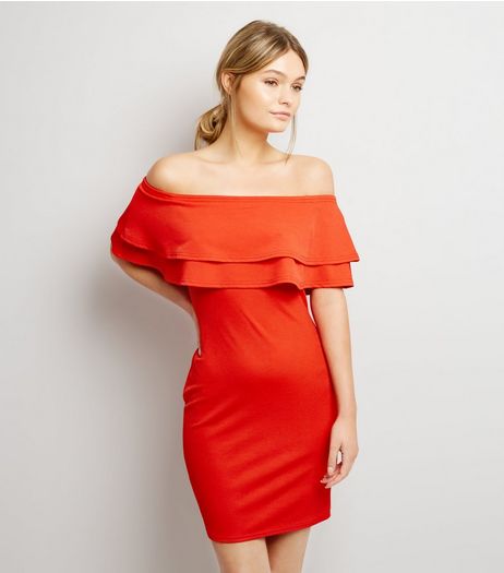 Red Frill Trim Bardot Neck Bodycon Dress | New Look