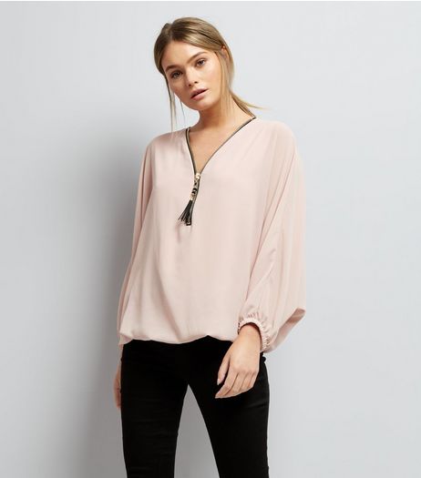 Mela Shell Pink Zip Front Batwing Sleeve Top | New Look
