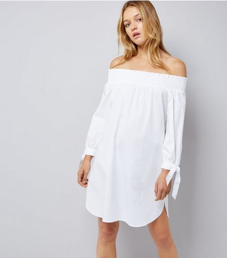 White Tie Sleeve Shirred Bardot Neck Dress | New Look