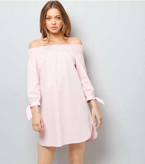 Pink Tie Sleeve Shirred Bardot Neck Dress | New Look