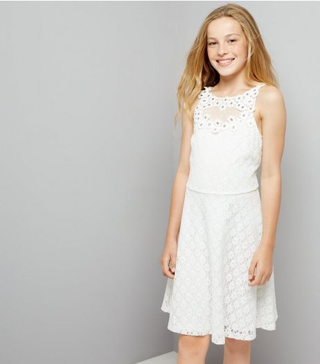 Teens White Floral Applique Lace Dress | New Look