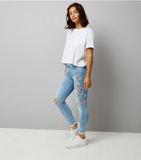 Petite Blue Floral Print Ripped Skinny Jeans | New Look