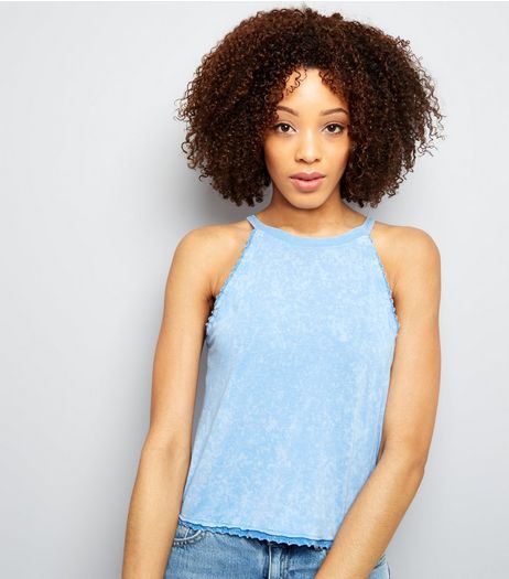 Blue Acid Wash Lace Trim Cami | New Look
