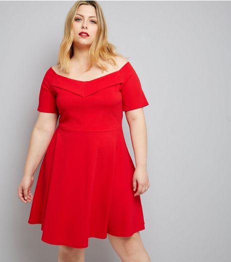 Curves Red Bardot Neck Crepe Skater Dress | New Look