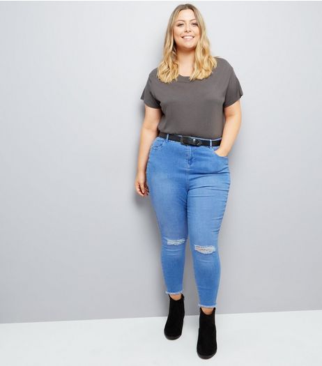 Curves Light Blue Ripped Knee Skinny Jeans | New Look