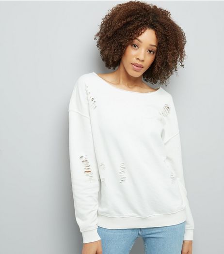 White Ripped Long Sleeve Sweater | New Look