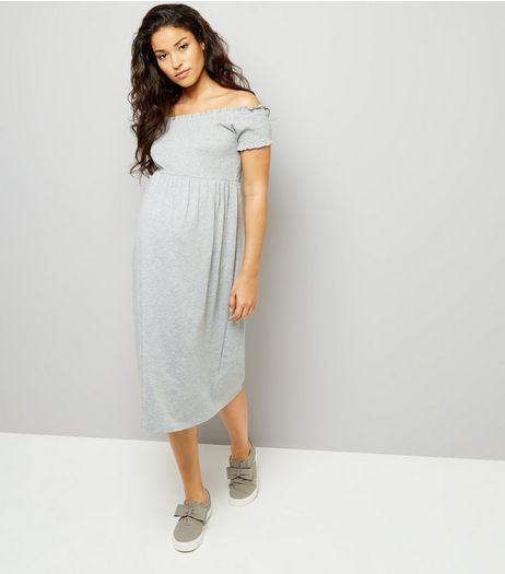 Maternity Grey Shirred Bardot Neck Dress | New Look