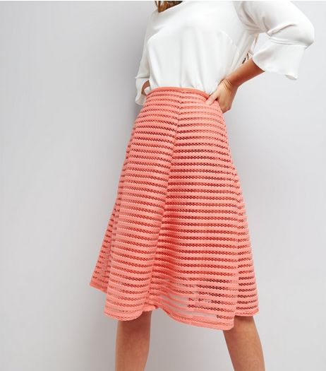 Apricot Coral Mesh Stripe A-Line Midi Skirt | New Look