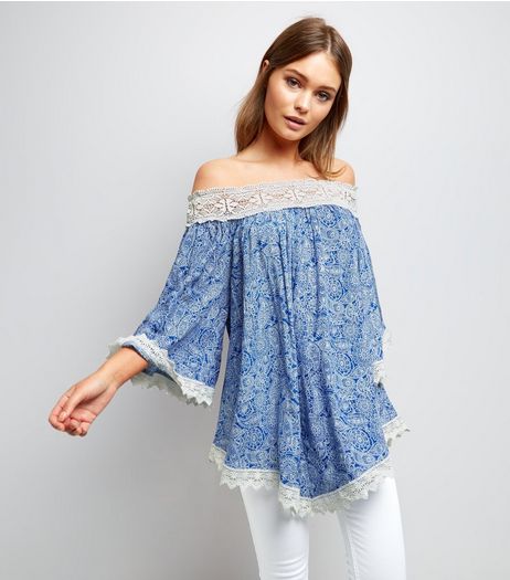 Apricot Navy Paisley Print Lace Trim Bardot Neck Top | New Look