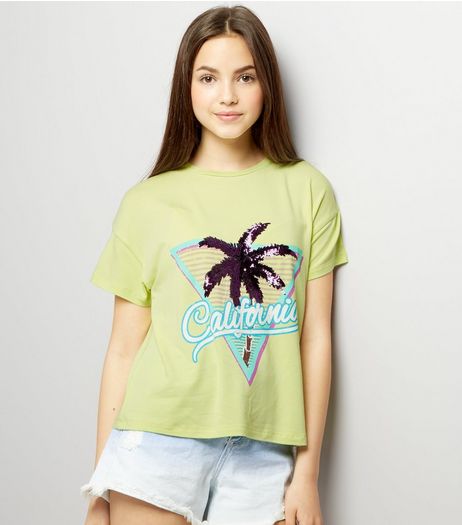 Teens Yellow Sequin Palm Tree T-Shirt | New Look