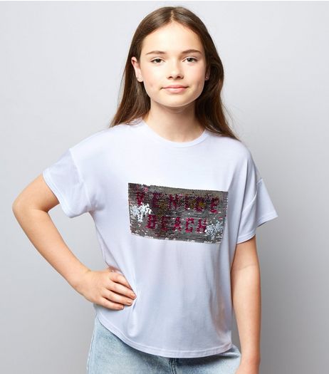 Teens White Venice Beach 2 Way Sequin T-Shirt | New Look