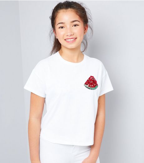 Teens White Watermelon Sequin Badge T-Shirt | New Look