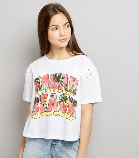 Teens White Lattice Trim Hawaii Beach Print T-Shirt | New Look