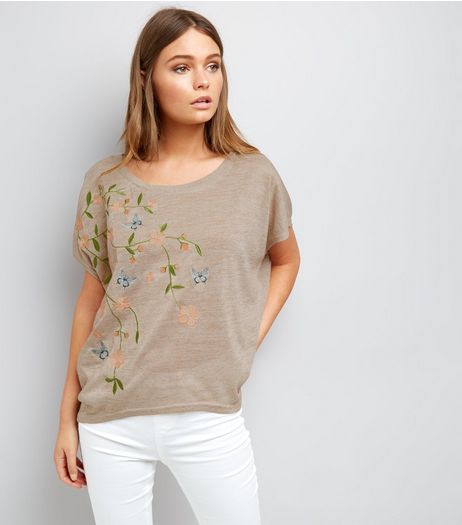 Apricot Stone Floral Embroidered Fine Knit Top | New Look