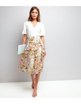 Apricot Cream Chiffon Check Floral Print Midi Skirt