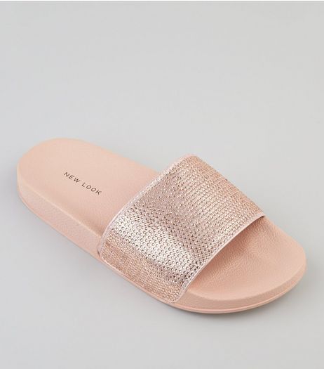 Rose Gold Studded Sliders | New Look