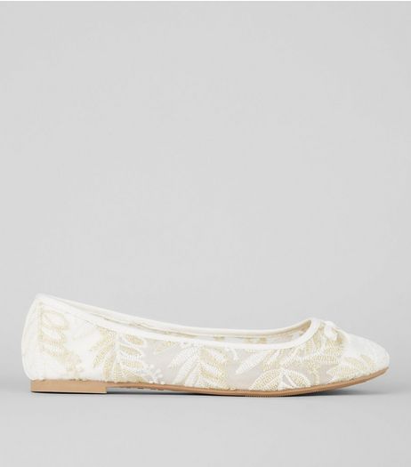 White Lace Leaf Ballerina Pumps | New Look