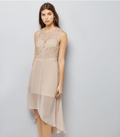 AX Paris Shell Pink Lace Dip Hem Dress | New Look