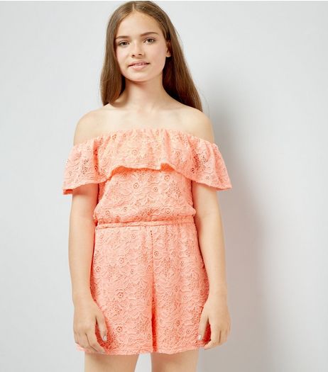 Teens Orange Lace Bardot Neck Playsuit | New Look