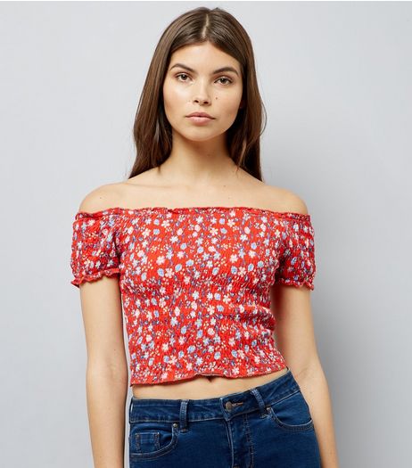 Red Shirred Floral Print Bardot Top | New Look