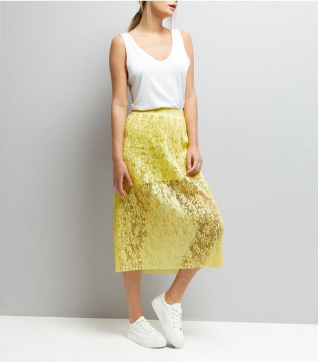 Yellow Lace Half Lined Midi Skirt | New Look